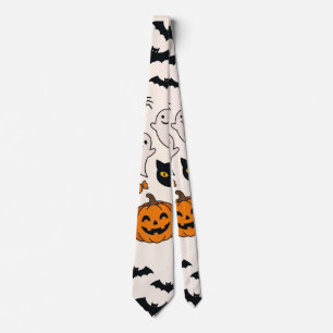 Halloween Black Cat & Pumpkin Haunted House Tie