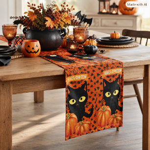 Halloween Black Cat & Pumpkin Holiday Home Décor Short Table Runner