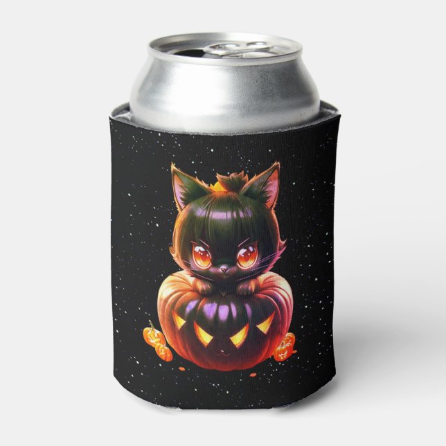 Halloween Black Cat Pumpkin Night Horror Scary Can Cooler (Can Front)