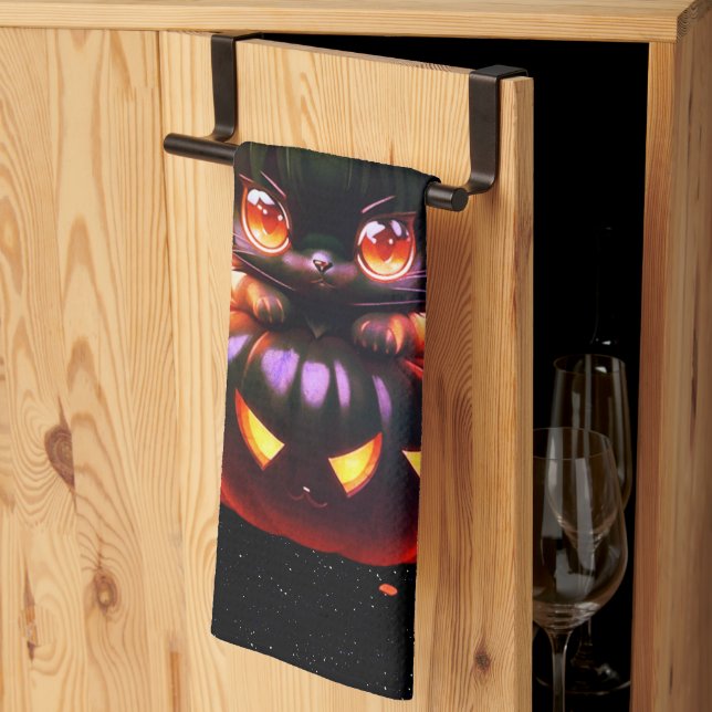Halloween Black Cat Pumpkin Night Horror Scary Tea Towel (Thirds Fold)