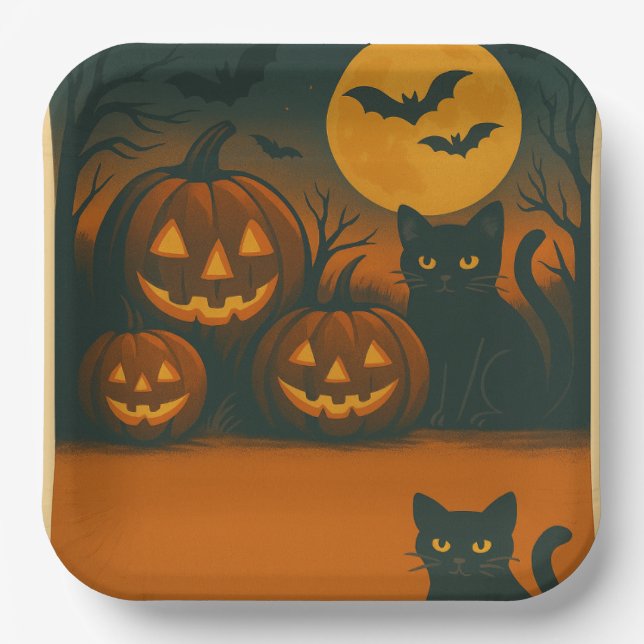 Halloween Black Cat & Pumpkin  Plates – (Front)