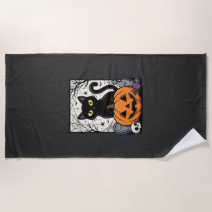 Halloween Black Cat Pumpkin Vector Design Beach Towel