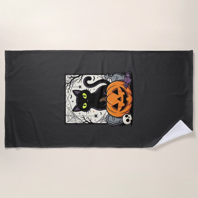 Halloween Black Cat Pumpkin Vector Design Beach Towel (Front)