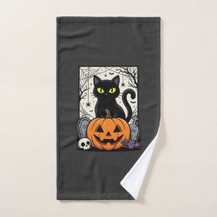 Halloween Black Cat Pumpkin Vector Design Hand Towel