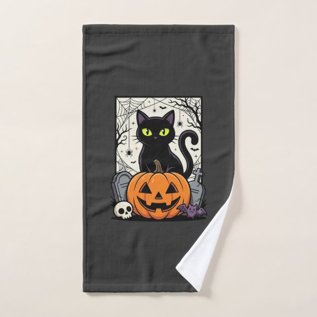 Halloween Black Cat Pumpkin Vector Design Hand Towel (Hand Towel)