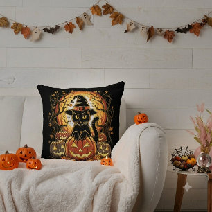 Halloween Black Cat Pumpkin Witch Cat Scary Cushion