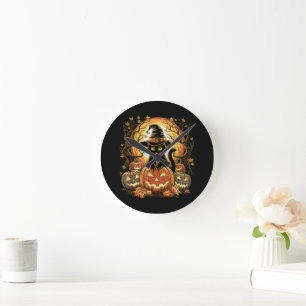 Halloween Black Cat Pumpkin Witch Cat Scary Round Clock