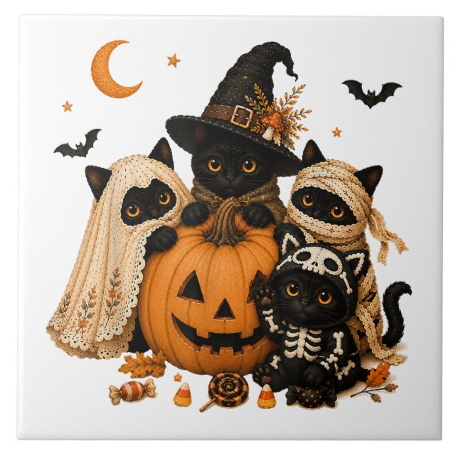 Halloween Black Cat Pumpkin Witch Tile (Front)