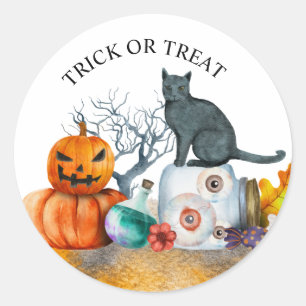 Halloween black cat pumpkins eyeballs classic round sticker