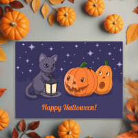 Halloween Black Cat, Pumpkins, Lantern on Purple