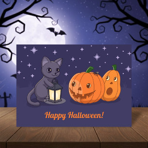 Halloween Black Cat, Pumpkins, Lantern on Purple Card