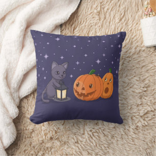 Halloween Black Cat Pumpkins Lantern Purple Cushion