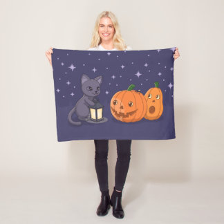 Halloween Black Cat Pumpkins Lantern Purple Fleece Blanket