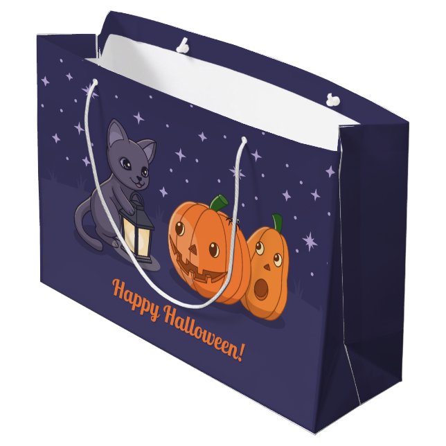 Halloween Black Cat Pumpkins Lantern Purple Large Gift Bag (Back Angled)