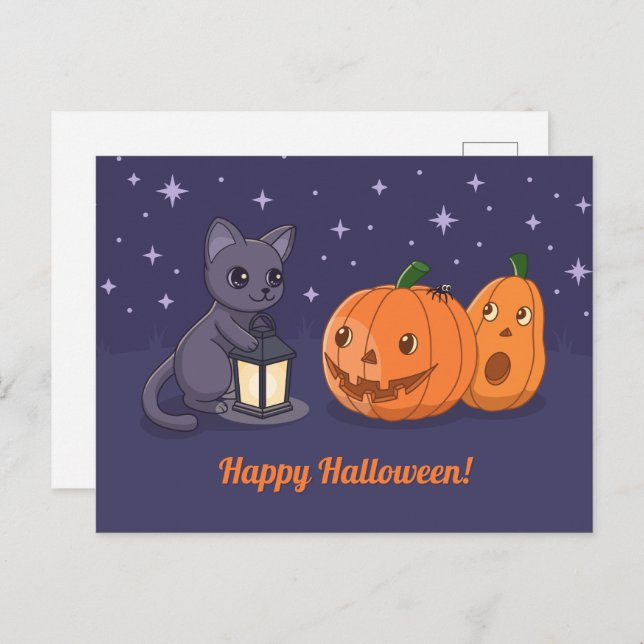 Halloween Black Cat Pumpkins Lantern Purple Postcard (Front/Back)