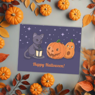 Halloween Black Cat Pumpkins Lantern Purple Postcard