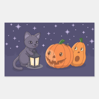 Halloween Black Cat Pumpkins Lantern Purple Rectangular Sticker