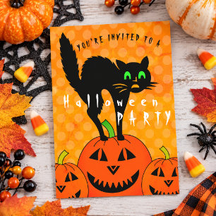 Halloween Black Cat Pumpkins Orange Party Invitation Postcard
