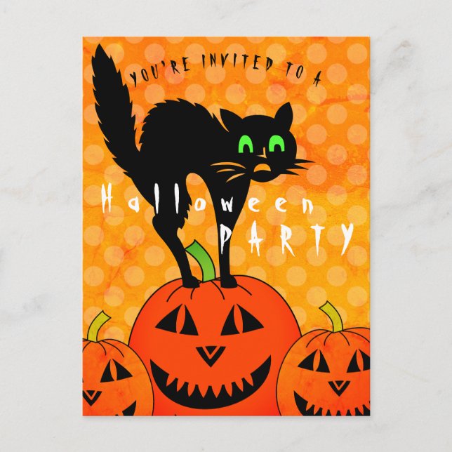 Halloween Black Cat Pumpkins Orange Party Invitation Postcard (Front)