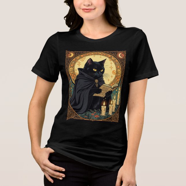 Halloween Black Cat Reading A Book Tri-Blend Shirt (Front)