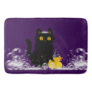 Halloween Black Cat Rubber Duck Bubbles Bath Mat