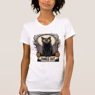 Halloween Black Cat Shirt Vintage Fangs Design_1