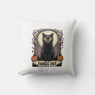 Halloween Black Cat Shirt Vintage Fangs Design_1 Cushion