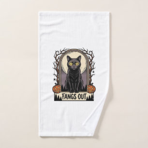 Halloween Black Cat Shirt Vintage Fangs Design_1 Hand Towel