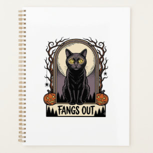 Halloween Black Cat Shirt Vintage Fangs Design_1 Planner