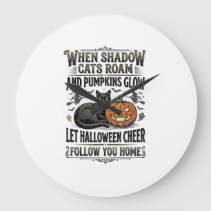 Halloween Black Cat Shirt Vintage Pumpkin Engravin Large Clock