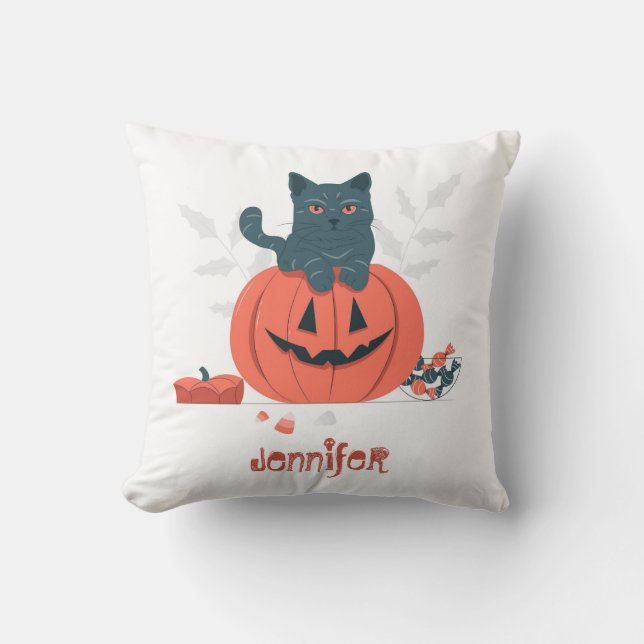 Halloween Black Cat Sitting on the Pumpkin Cushion (Front)