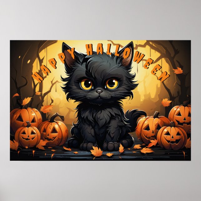 Halloween Black Cat Sitting With Jack-O'-Lanterns Poster (Front)