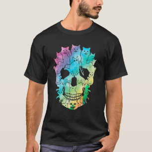Halloween Black Cat Skull Skeleton Spooky Black T-Shirt
