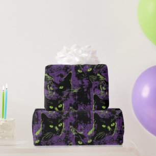 Halloween black cat spooky season purple wrapping paper