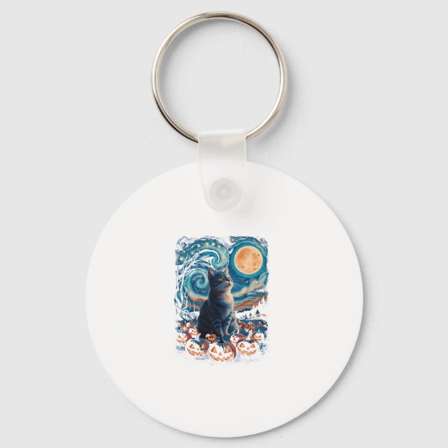 Halloween black Cat Starry Night Cat Pumpkins Hall Key Ring (Front)