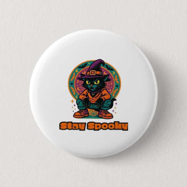 Halloween Black Cat � Stay Spooky Retro Witch Cat  6 Cm Round Badge (Front)