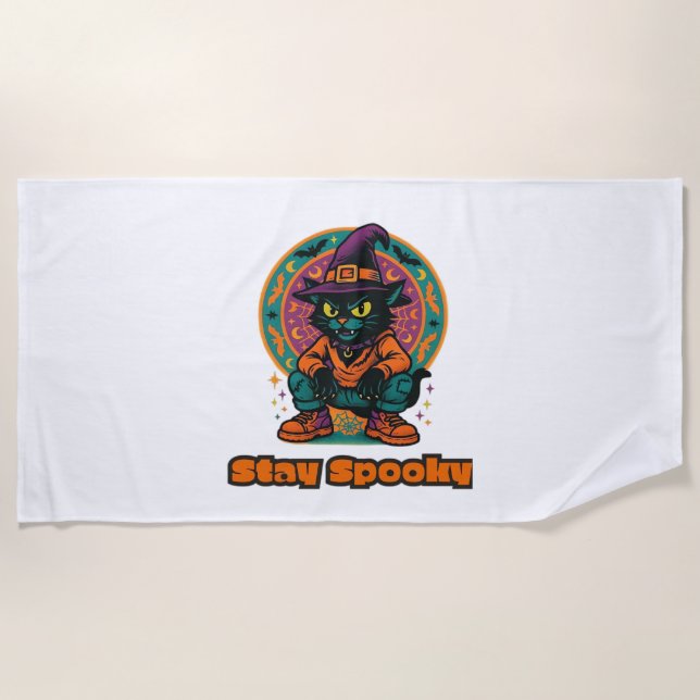 Halloween Black Cat – Stay Spooky Retro Witch Cat  Beach Towel (Front)
