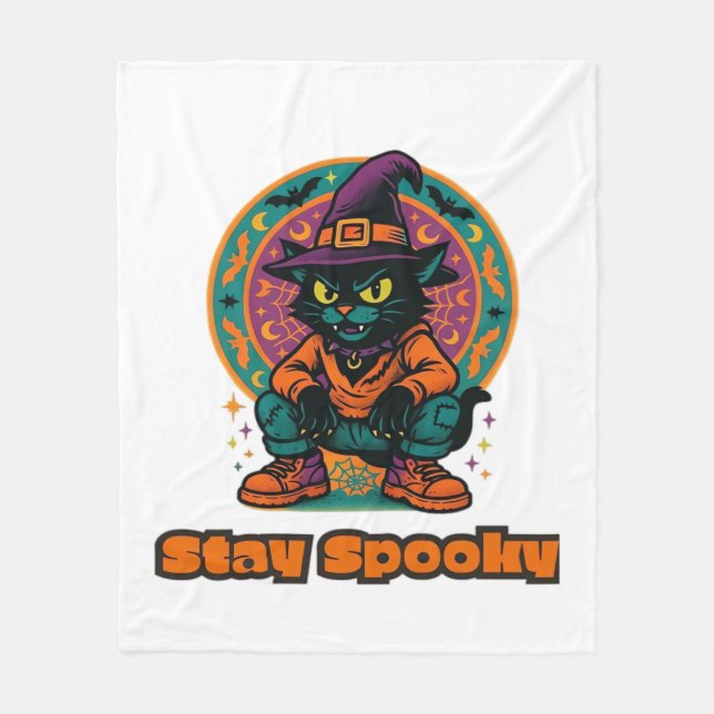 Halloween Black Cat – Stay Spooky Retro Witch Cat  Fleece Blanket (Front)