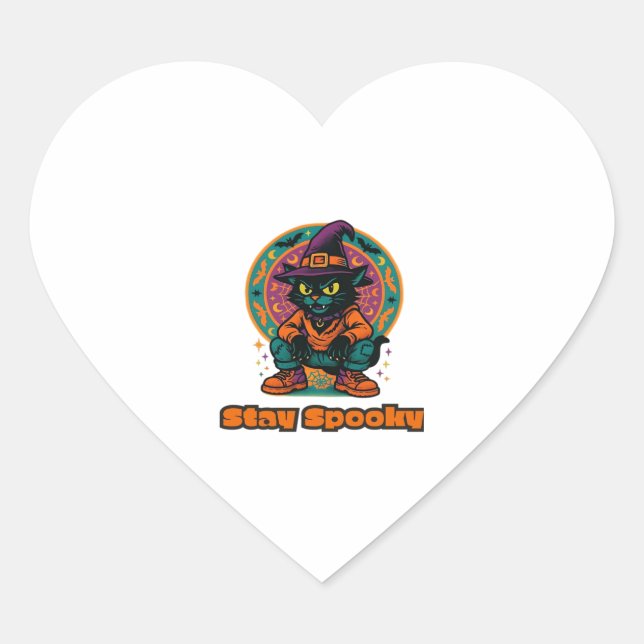 Halloween Black Cat � Stay Spooky Retro Witch Cat  Heart Sticker (Front)