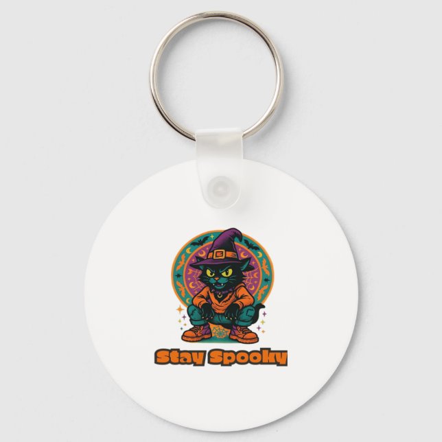 Halloween Black Cat � Stay Spooky Retro Witch Cat  Key Ring (Front)