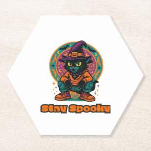 Halloween Black Cat � Stay Spooky Retro Witch Cat Paper Coaster