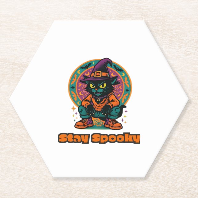 Halloween Black Cat � Stay Spooky Retro Witch Cat  Paper Coaster (Front)