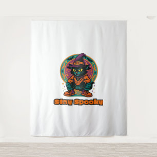 Halloween Black Cat – Stay Spooky Retro Witch Cat  Tapestry