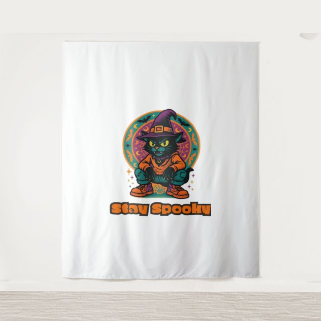 Halloween Black Cat – Stay Spooky Retro Witch Cat  Tapestry (Front)