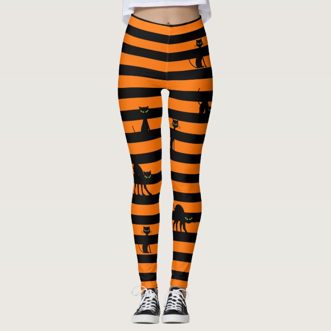 Halloween Black Cat & Stripes Leggings Orange (Front)