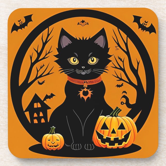 Halloween Black Cat Surrounded by Jack-o'-Lanterns Coaster (Front)