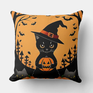 Halloween Black Cat Surrounded by Jack-o'-Lanterns Cushion