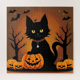 Halloween Black Cat Surrounded by Jack-o'-Lanterns Jigsaw Puzzle