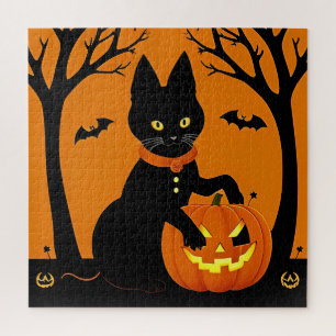 Halloween Black Cat Surrounded by Jack-o'-Lanterns Jigsaw Puzzle