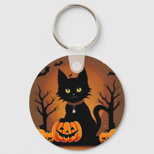 Halloween Black Cat Surrounded by Jack-o'-Lanterns Key Ring